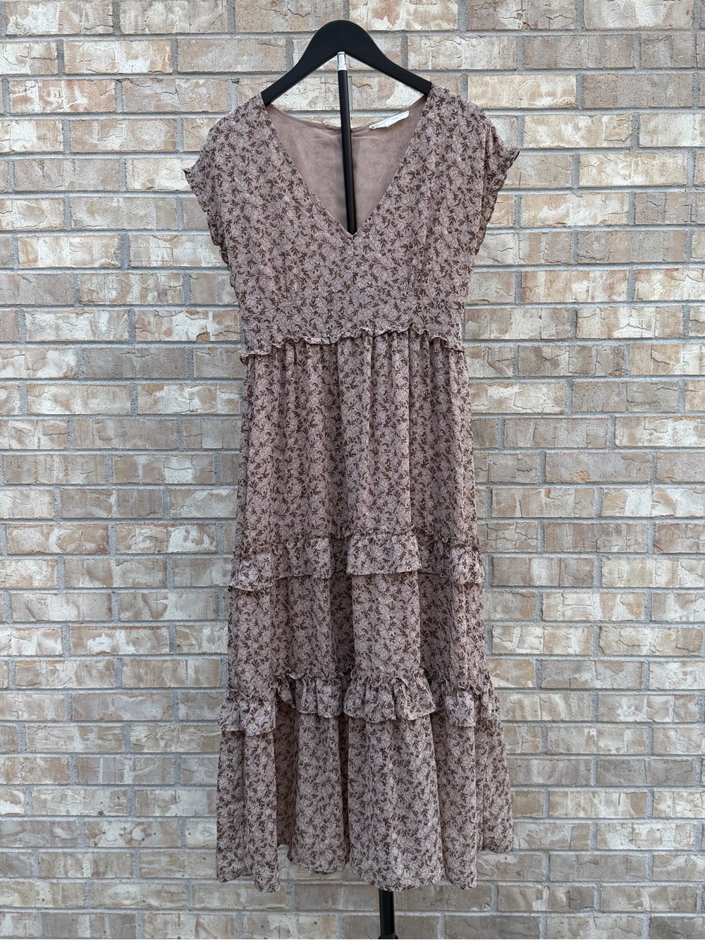 Grade & Gather Ruffled Print Midi Dress Small Brown Floral V-Neck Tiered Boho